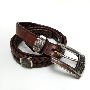 Brighton Western Concho Belt Womens  Sz S Thin Braided Leather Brown